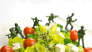 Toy soldiers around a salad