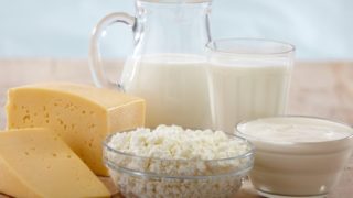 A close-up shot of milk and milk products