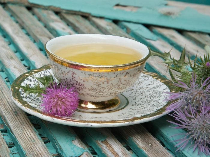 A cup of milk thistle tea with milk thistle blossoms on a blue wooden table