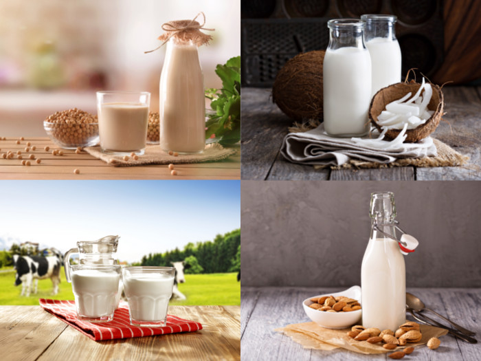 Collage depicting different types of milk