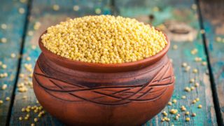 Ceramic bowl filled with millet seeds on a wooden table