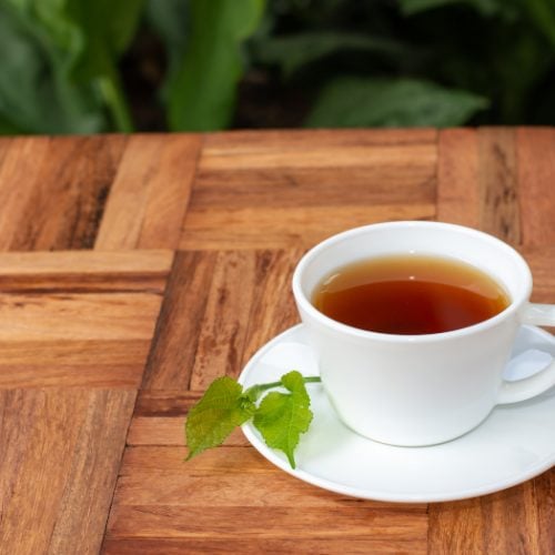 Mulberry leaf tea in a cup placed on a wooden counter