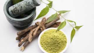 Neem leaves in mortar and pestle with lilac paste, juice and twigs, powder, and oil