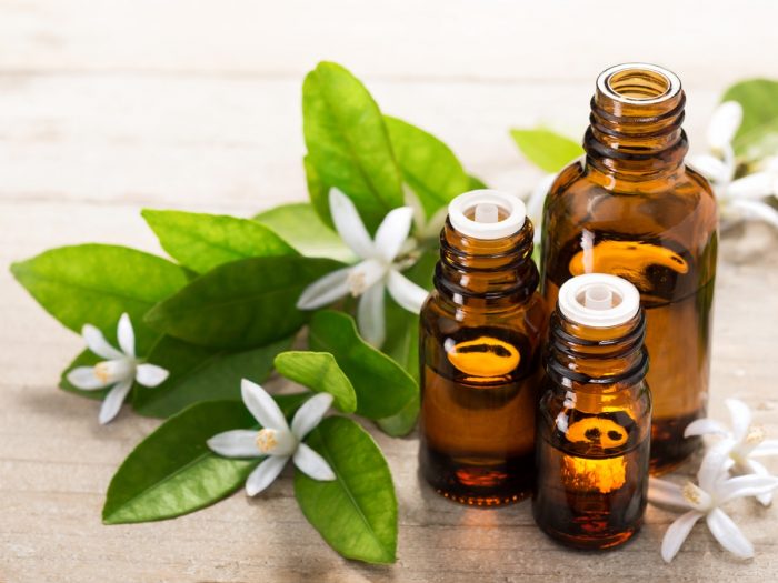 Bottles of neroli essential oil with fresh green leaves and white flowers on a wooden table