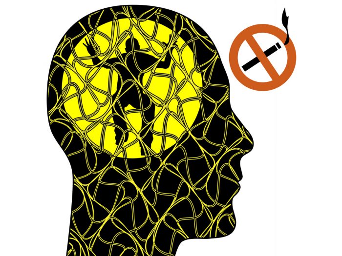 Graphic of a human head covered in a web with a trapped male figure in the brain and a no-smoking symbol