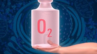 A pink jar of O2 held at the base by an extended hand on a blue background of cell
