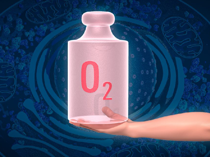 A pink jar of O2 held at the base by an extended hand on a blue background of cell