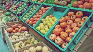 Rows of plastic trays and baskets with different vegetables at a grocery store.