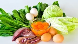 Foods rich in pantothenic acid-like eggs, meat, lettuce, spinach, duck eggs, and egg yolks on a white background