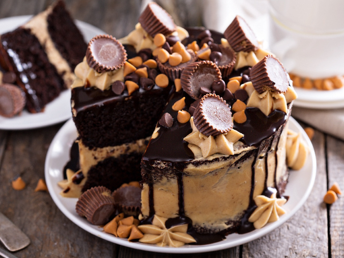 A chocolate cake with peanut butter frosting