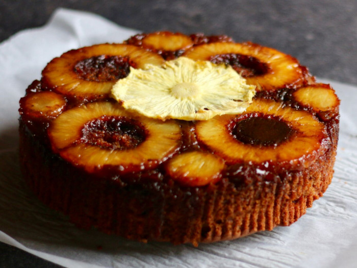 Pineapple upside down cake on a white napkin