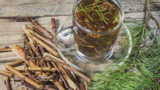 A cup of pine needle tea and pine needle on a table