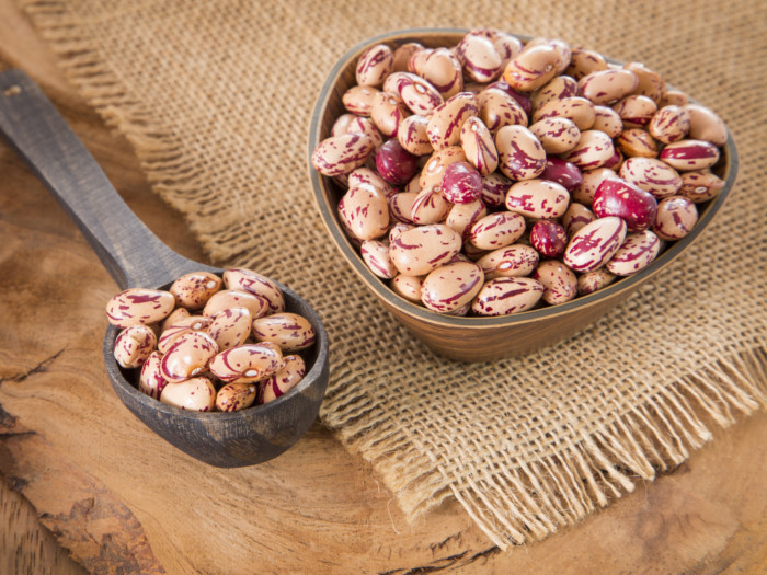 Pinto beans in a bowl and a spoon