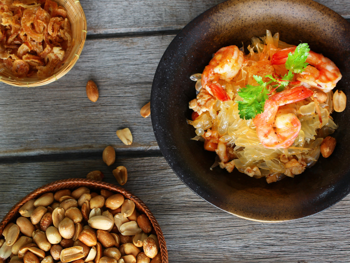 A flat-lay picture of pomelo salad or "Yum Som O", traditional Thai food