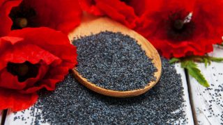 Poppy seeds in a wooden spoon on a bed of scattered poppy seeds