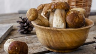 A wooden bowl filled with porcini mushrooms