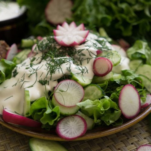 A close up shot of sliced cucumber, radish and greens dressed with sour cream.