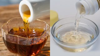 Comparison pic where one side shows a light liquid poured into a bowl from a bottle and the other shows a yellow-colored liquid being poured into another bowl.