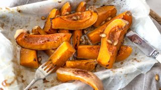 Roasted squash in a baking tray