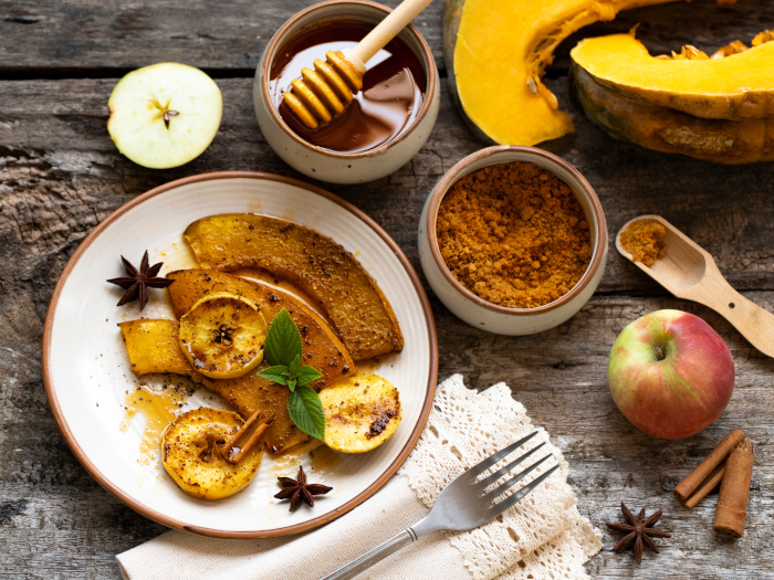 Roasted pumpkin slices with spices and organic brown sugar