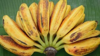 Ripe sweet saba banana on a banana leaf