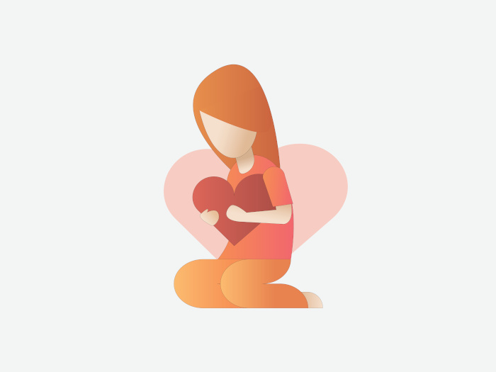 A vector illustration of a woman or girl sitting, hugging her heart