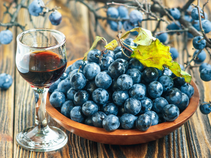 A glass of sloe gin, next to a ceramic dish with sloes and a branch with sloes