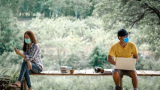 Social distancing with masks on a bench