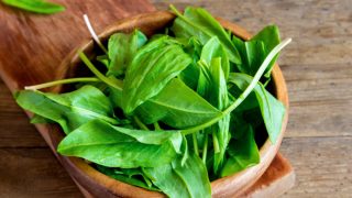 A wooden bowl filled with fresh sorrel leaves placed on a wooden table