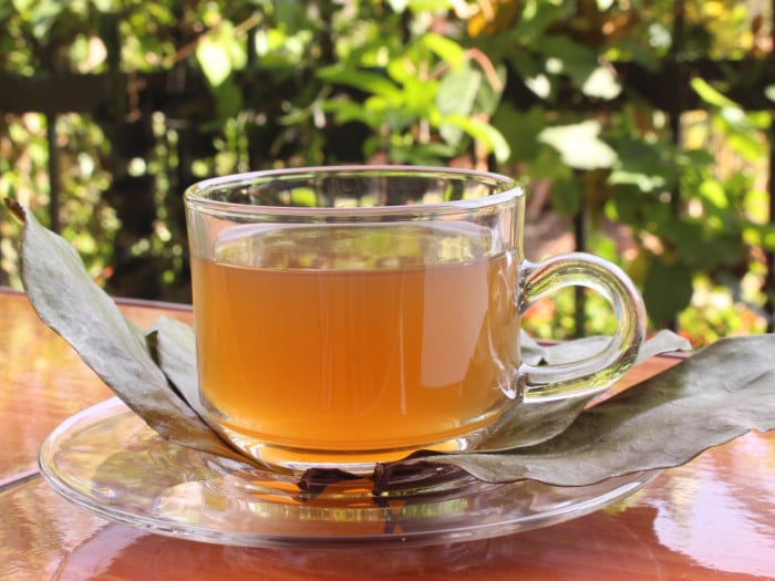 A cup of tea with dried leaves