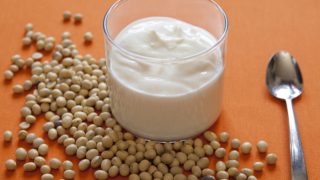 Soy yogurt in a glass bowl with a spoon and soybeans next to it