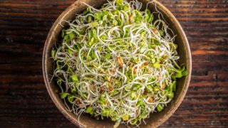 A wooden bowl of fresh sprouts on a wooden table