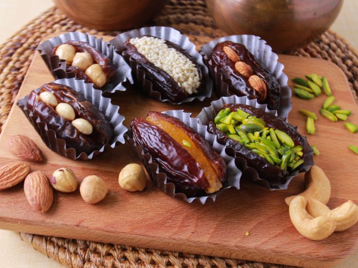 Close up of dates stuffed with nuts