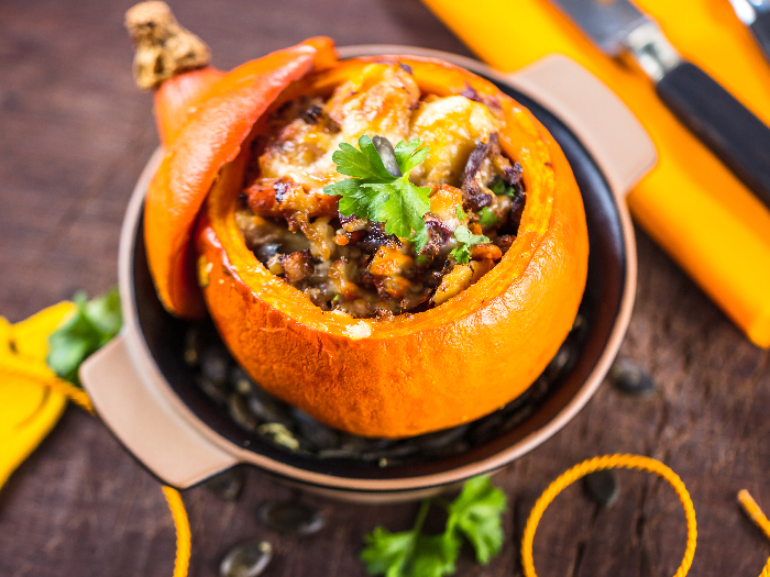 Pumpkin stuffed with stew meat and vegetables