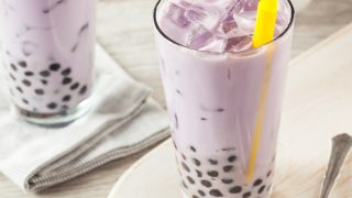 Homemade taro milk bubble tea with tapioca pearls