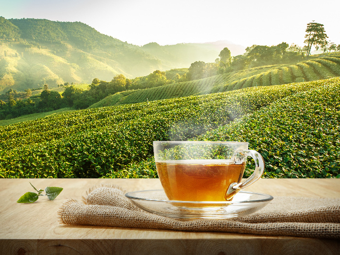 Close-up of a cup and saucer of tea, placed on burlap cloth on a wooden surface with hilly tea gardens as the backdrop