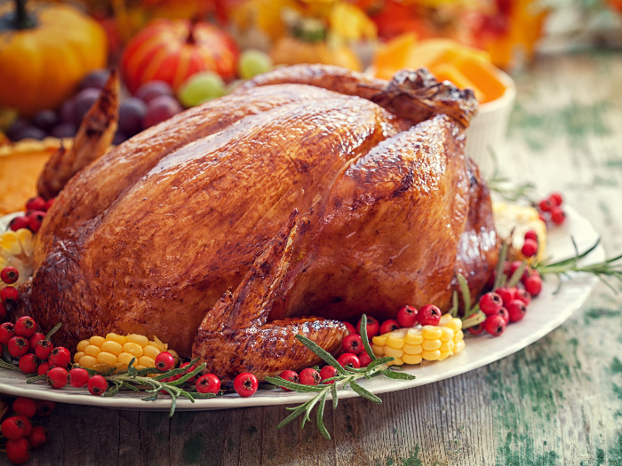 Thanksgiving turkey with corn and cranberries on a white plate and squash in the background