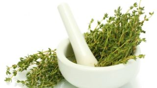 Thyme herbs in a mortar, ready to be crushed by a pestle