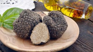 A bottle of truffle oil, next to fresh black truffles on a brown dish