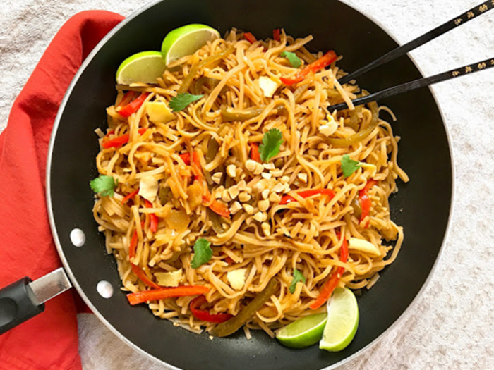 Vegetable pad Thai in a pan