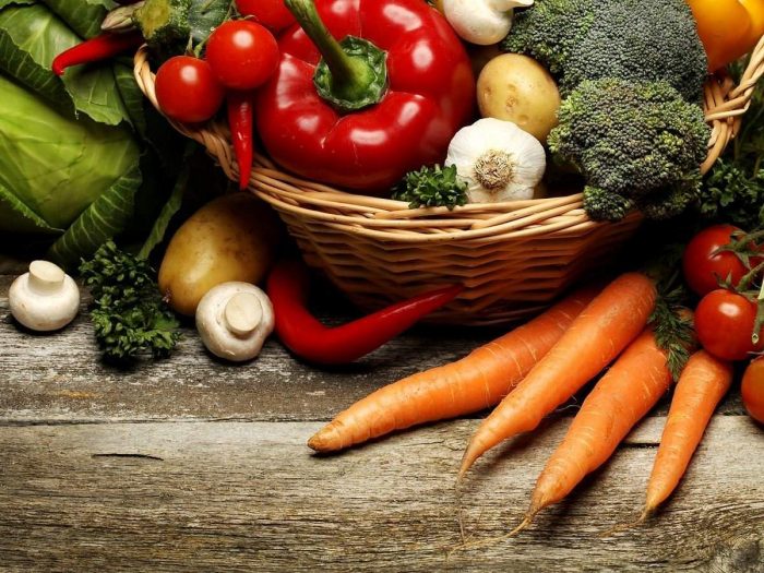 A basket full of vegetables on a wooden surface