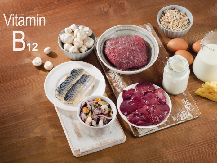 Food containing vitamin B12, fish, meat, cheese, milk, eggs, mushrooms, and oats.