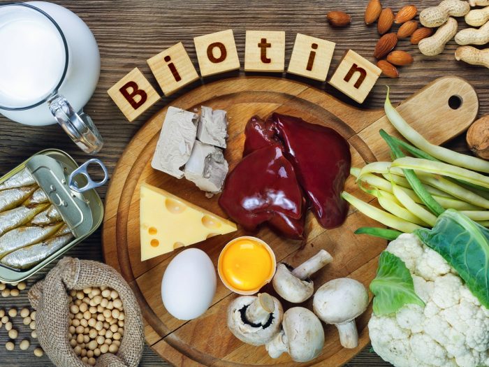 Alphabets spelling out biotin and biotin-rich foods like organ meat on wood