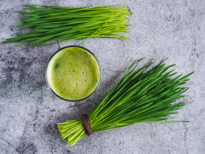 Wheatgrass juice and wheatgrass on a grey background