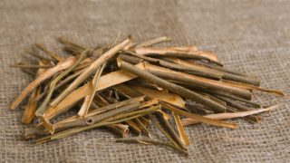 Close-up of dried willow bark on a jute cloth