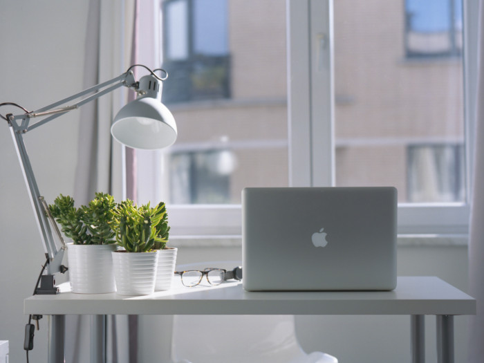 Work table with a white window in the background and MacBook, three succulent plants, and reading lamp on the white table