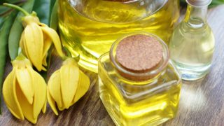 Bottles of ylang ylang oil with ylang ylang flowers